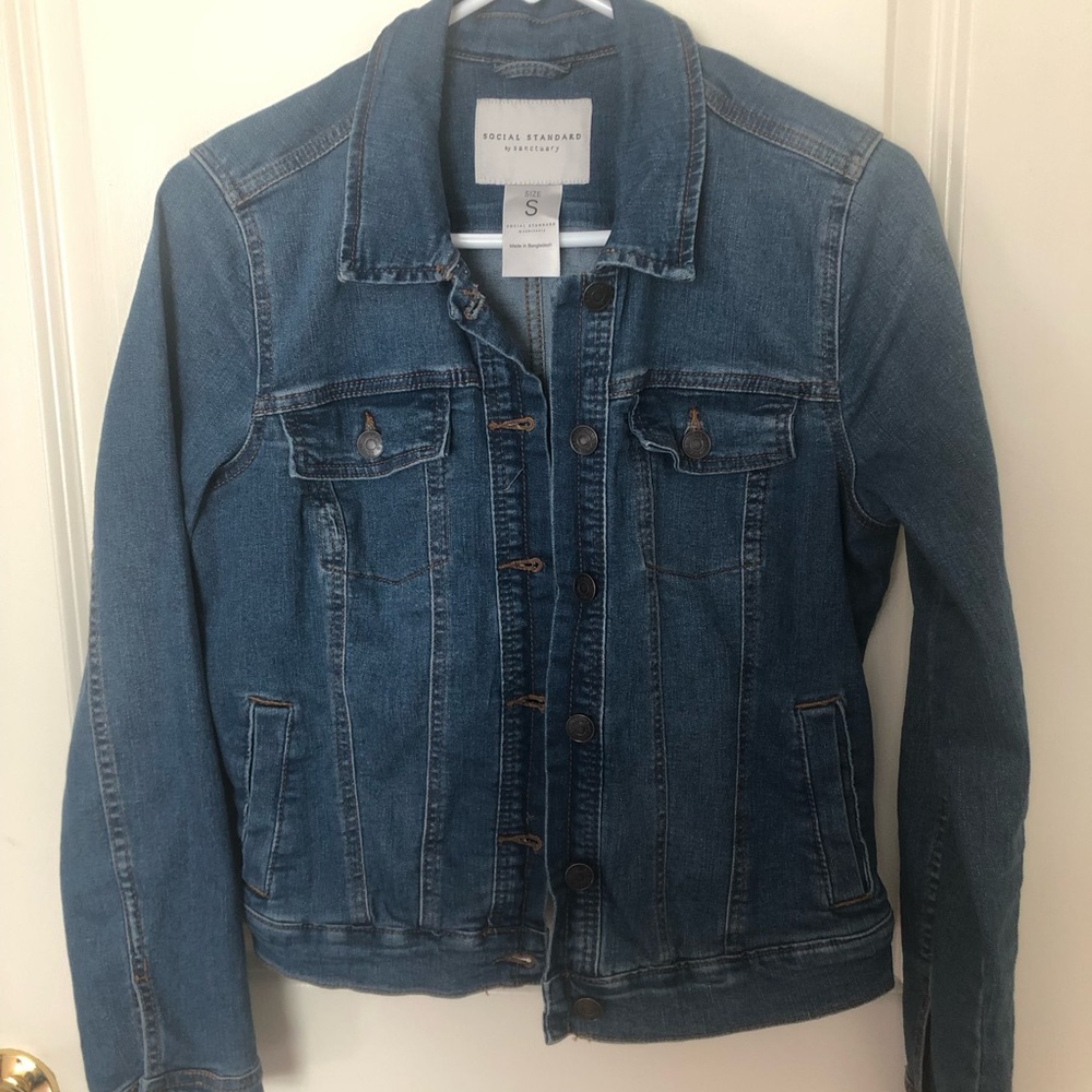 Social Standard by Sanctuary Denim Dark Blue Waist Length Fitted Jean Jacket